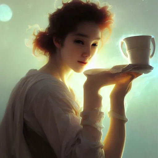 Image similar to A man drinking a cup of cosmic energy bright light, illustration by Ruan Jia and Mandy Jurgens and William-Adolphe Bouguereau, Artgerm, 4k, digital art, surreal, anime style, space dandy style, highly detailed, godsend, artstation, digital painting, concept art, smooth, sharp focus, illustration by Ruan Jia and Mandy Jurgens and William-Adolphe Bouguereau, Artgerm