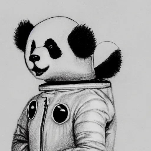 Image similar to a very detailed pencil drawing of a panda wearing an astronaut suit in space 4 k, high resolution, still, landscape, hd, dslr, hyper realistic, sketch