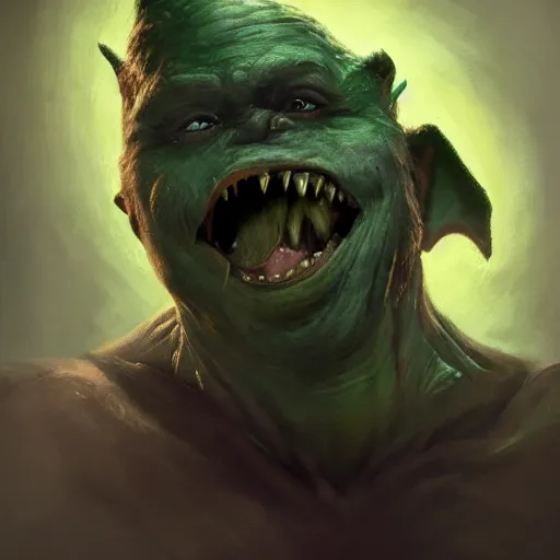 Prompt: Epic portrait A green fat goblin with a sharp chin stealing bag of money with his hands, Side profile, sharp teeth, small, digital painting, artstation, concept art, soft light, hdri, smooth, sharp focus, illustration, fantasy, intricate, elegant, highly detailed, D&D, matte painting, in the style of Greg Rutkowski and Alphonse Mucha and artemisia, 8k, highly detailed, jurgens, rutkowski, bouguereau, pastoral, rustic, georgic