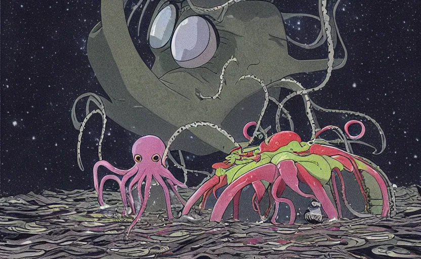 Image similar to a realistic cell - shaded studio ghibli concept art from paprika ( 2 0 0 6 ) of a flying multi - colored octopus from close encounters of the third kind ( 1 9 7 7 ) and grey fairy meditating in a flooded stonehenge on a misty starry night. very dull colors, wide shot, hd, 4 k, hq