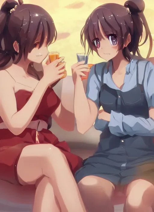 Image similar to two beautiful mothers sitting across from each other, summer clothes, gorgeous faces, thick lines, cinematic lighting, detailed anime art