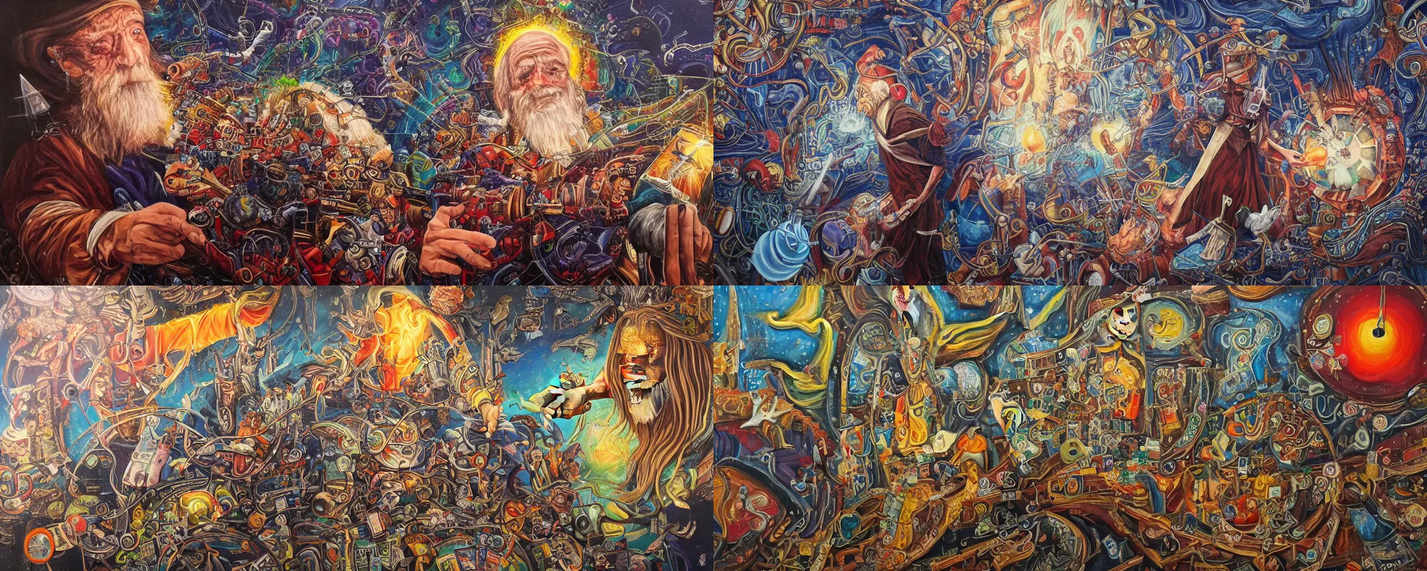 Prompt: a wizard that only knows conjure pinball, canvas painting, high detail, wall mural