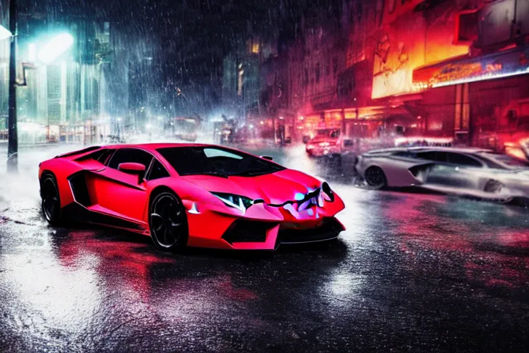 Image similar to a cinematic photograph of a lamborghini aventador driving through a dystopian city street whilst neon lightening strikes on the car, rain falls, ultra realistic, high definition