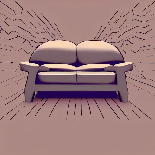 Image similar to photo of a scared anthropomorphic sofa, hiding behind humans, digital art