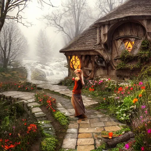 Image similar to woman in medieval hobbit house, ornate, beautiful, atmosphere, vibe, mist, smoke, fire, chimney, rain, wet, pristine, puddles, melting, dripping, snow, creek, lush, ice, bridge, forest, roses, flowers, by stanley artgerm lau, greg rutkowski, thomas kindkade, alphonse mucha, loish, norman rockwell