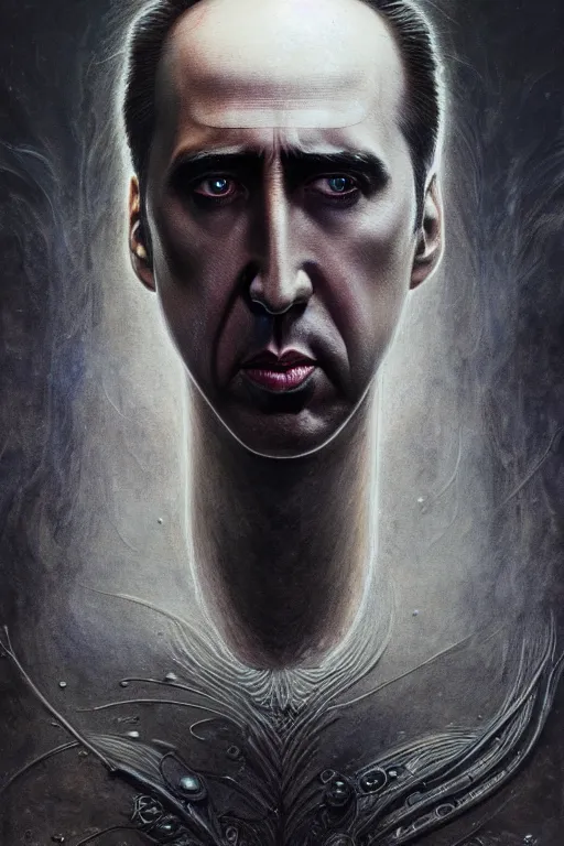 Prompt: very very beautiful longshot photo of chthonic Nicholas Cage, highly detailed, artstation, concept art, smooth, sharp focus, illustration, art by Ayami Kojima, Beksinski, Giger