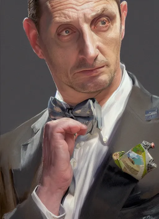 Image similar to portrait of Tim Robinson from I Think You Should Leave (2019), highly detailed, tuxedo, centered, solid color background, digital painting, artstation, concept art, smooth, sharp focus, illustration, donato giancola, Joseph Christian Leyendecker, Les Edwards, Ed Repka, WLOP, Artgerm