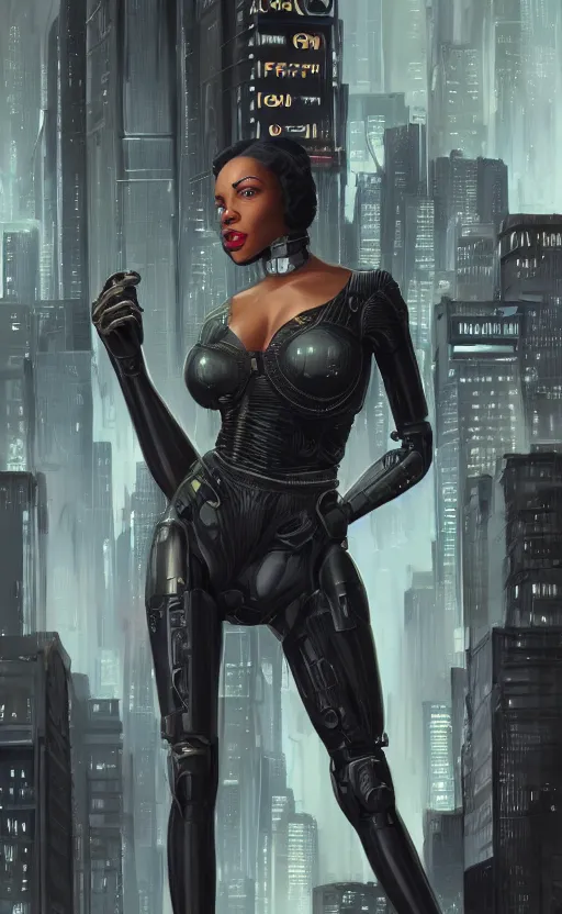 Prompt: an attractive young Black woman cyborg, clothed like a 1940s femme fatale, intricate, elegant, highly detailed, digital painting, film noir lighting, Blade Runner city background, trending on artstation, concept art, smooth, sharp focus, illustration, art by artgerm and greg rutkowski and alphonse mucha