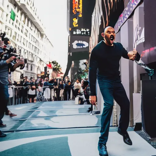 Image similar to will smith screaming at chris rock, canon eos r 3, f / 1. 4, iso 2 0 0, 1 / 1 6 0 s, 8 k, raw, unedited, symmetrical balance, wide angle