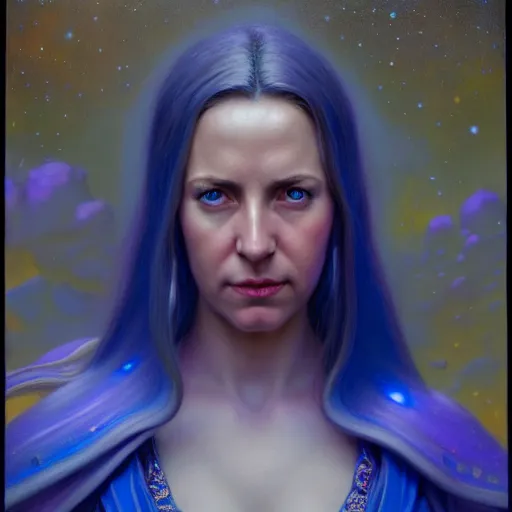 Image similar to ( ( ( ( ( hyperrealist distant portrait of jaina proudmoore on a blue planet where it rains colors. ) ) ) ) ) by donato giancola, fantasy, photorealistic, octane render, unreal engine, dynamic lighting, trending on artstation, poster, volumetric lighting, very detailed faces, 4 k, award winning