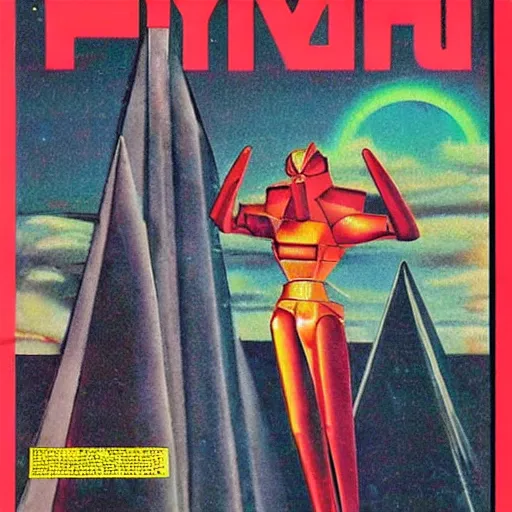 Image similar to 1983 Omni Magazine cover featuring airbrushed art of dramatic pyramids and robot masks, all centered over infinite cyber grid