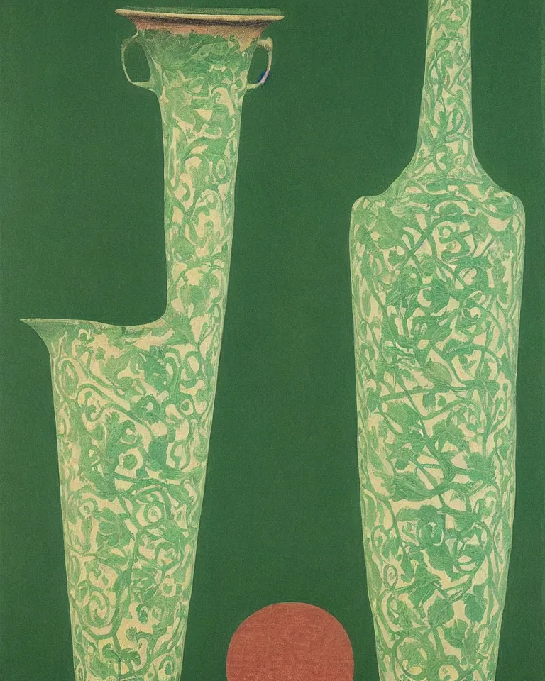 Image similar to achingly beautiful print of intricately painted ancient greek lekythos on a green pastel background by rene magritte, monet, and turner.