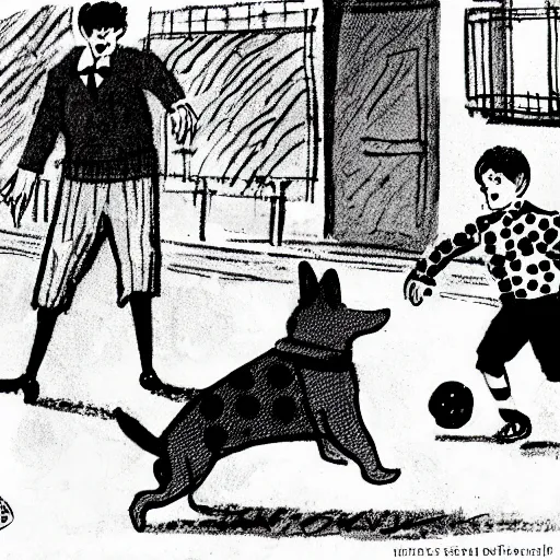 Image similar to illustration of french boy on the streets of paris playing football against a corgi, the dog is wearing a polka dot scarf, comic, 1 9 6 2