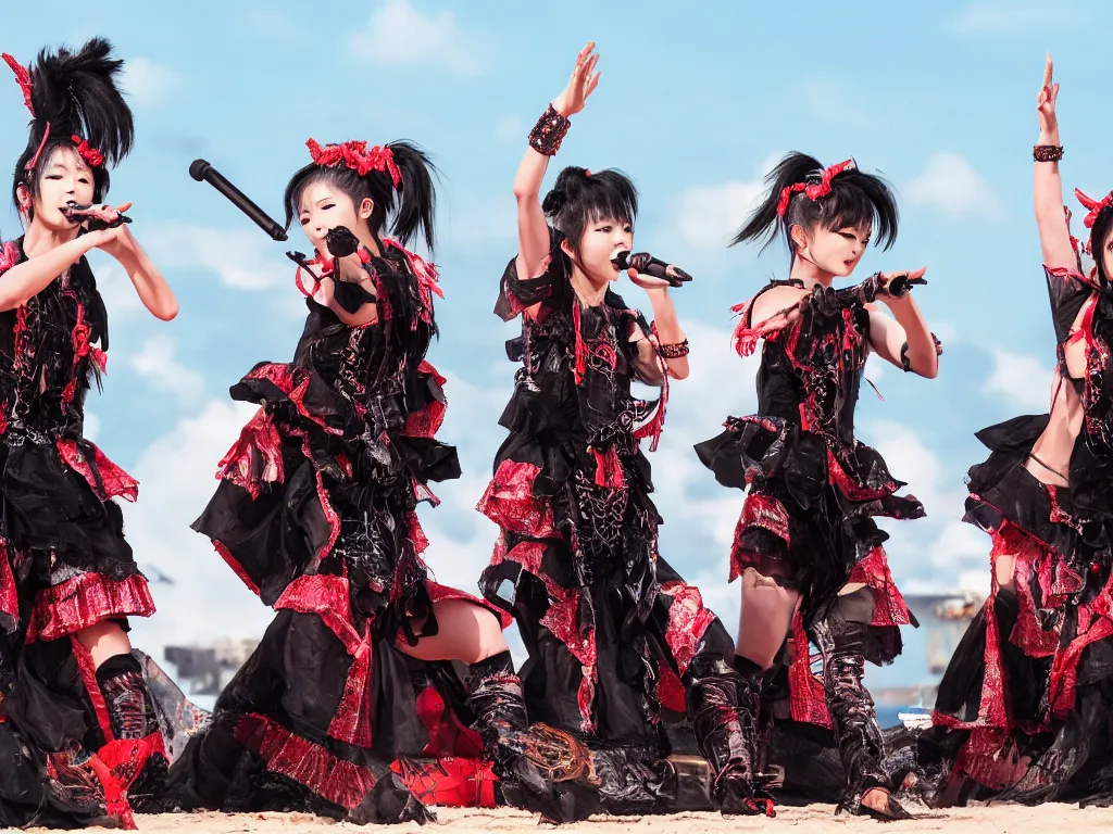 Image similar to babymetal performing on a tropical beach beautiful, scenery, 3 members, high detail, High Definition detail, 8K, photography