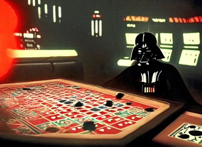 Image similar to film still of Darth Vader gambling in vegas in Star Wars The Empire Strikes Back,