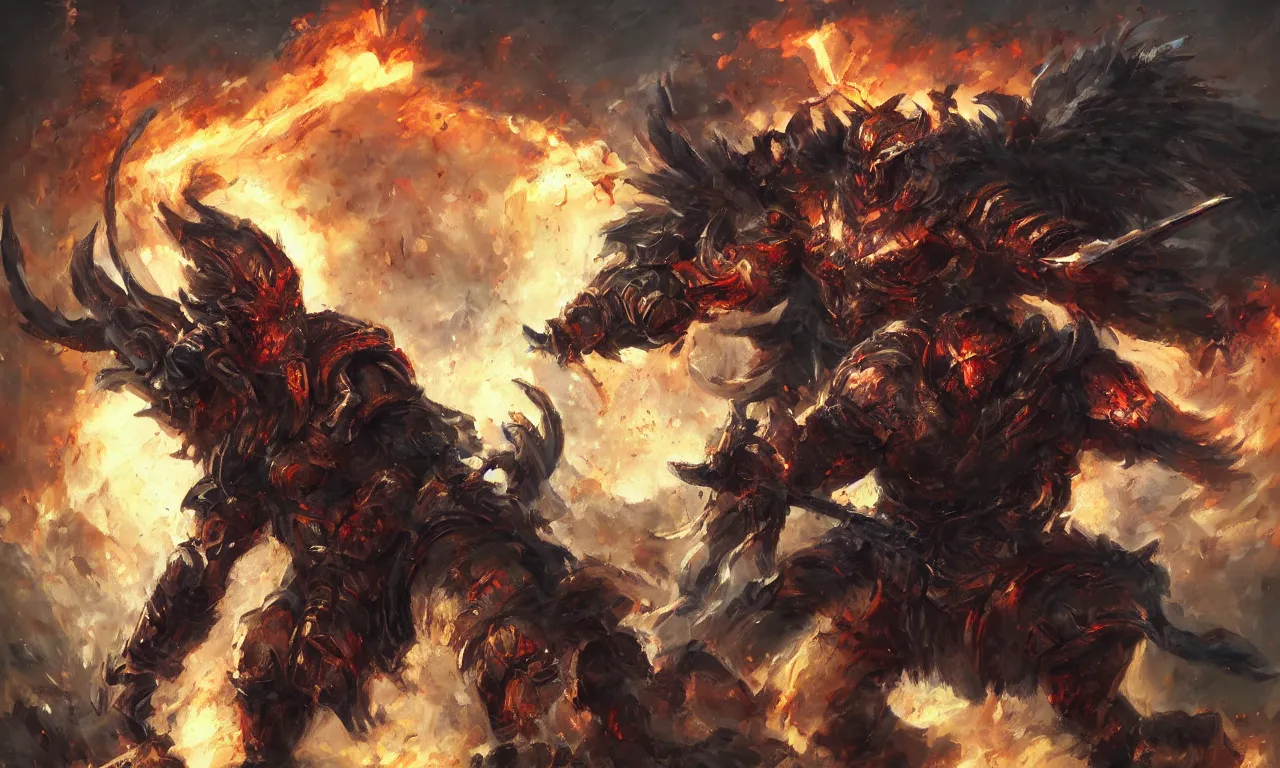Image similar to a beautiful brutal warrior brutally destroys his enemies on the battlefield, wrath flame and ruin, oil painting, trending on artstation