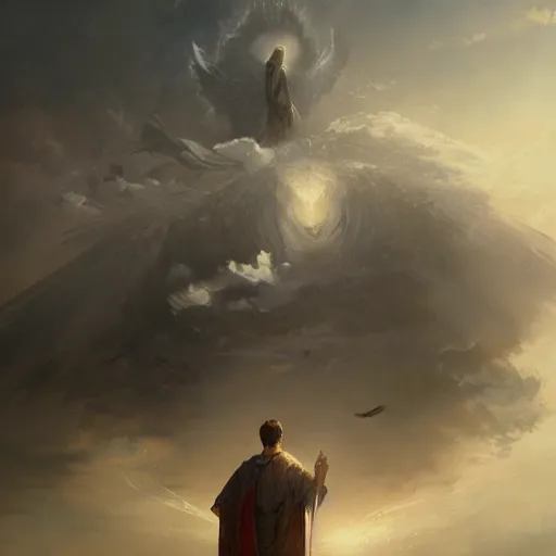 Image similar to The son of God coming in the clouds with his millions of angels , artstation, Greg rutkowski, cinematic, digital Art