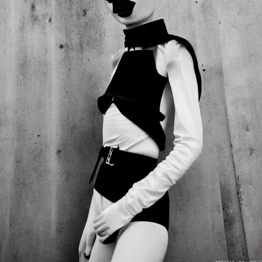 Prompt: fashion photography of an extraterrestrial model, with white eyes, wearing demobaza fashion, inside berghain, berlin fashion, harness, futuristic fashion, dark minimal outfit, photo 3 5 mm leica, hyperdetail, berghain, 8 k, very detailed, photo by nick knight