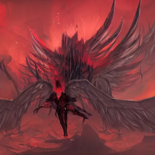 Prompt: the fall of super mad and with extrem anger lucifer in hell, oppressive and dark amotsphere with many shadows and dark red highlights, concept art by aleksandra waliszewska