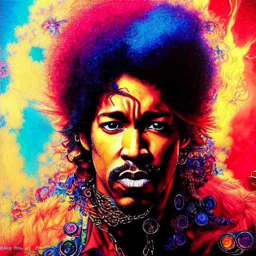 Prompt: uhd photorealistic portrait of ryan reynolds as jimi hendrix, by amano, ayami kojima, greg rutkowski, lisa frank, mark brooks, and karol bak, masterpiece, cinematic composition, dramatic pose, studio lighting, correct face, hyperdetailed, intricate details