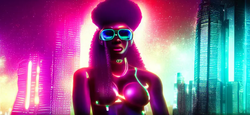 Image similar to portrait of a beautiful black woman with afro hair, cyberpunk rio de janeiro background, digital art, trending on artstation, global illumination, backlit, purple and blue, corcovado on the background