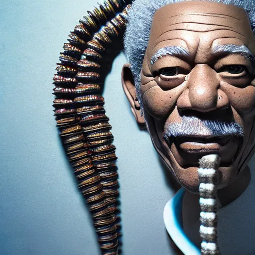 Image similar to animatronic Morgan Freeman, exposed wires, photo, Stan Winston studios, detailed, 4k