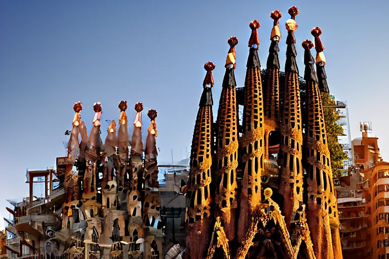 Image similar to views of catastrophic barcelona's sagrada familia covered with high water, global warming, floating cars, sunset lighting, photo real