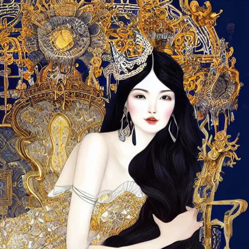 Image similar to a beautiful black haired woman with pale skin and a crown on her head sitted on an intricate metal throne, flower decoration on the background, beautiful illustration, atmosphere, top lighting, perfect composition, smooth, highly detailed, art by so - bin and yuhong ding and chengwei pan,