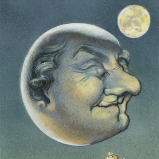 Prompt: dan morris celestial smiling moon talking portrait, side view, surrounded by clouds, illustrated by peggy fortnum and beatrix potter and sir john tenniel