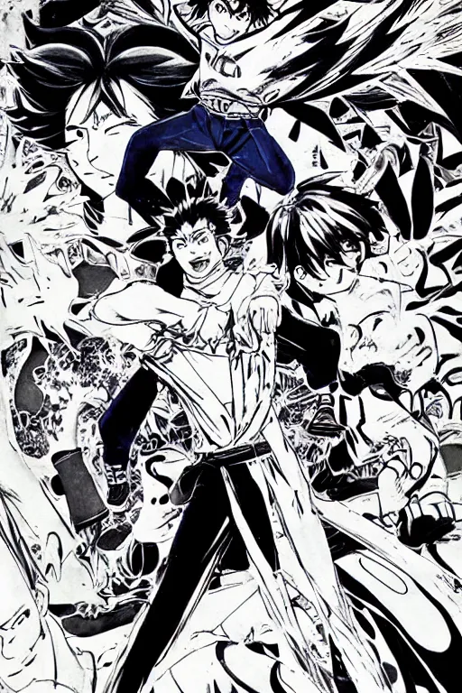 Image similar to manga cover of two characters fighting as a shounen jump cover, art by hirohiko araki, japanese comic book, art by keisuke itagaki, modern fashion outfit, dynamic poses, action poses, muscular characters