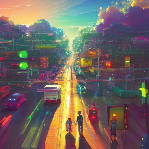 Prompt: colorful digital illustration of the internet, by makoto shinkai and thomas kinkade and james gilleard, beautiful matte painting, high detail, heavenly glow, colorful, octane render, 4 k hd wallpaper