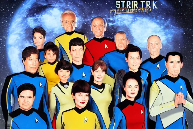 Image similar to star trek next generation bridge crew, family portrait, in style of hayao miyazaki