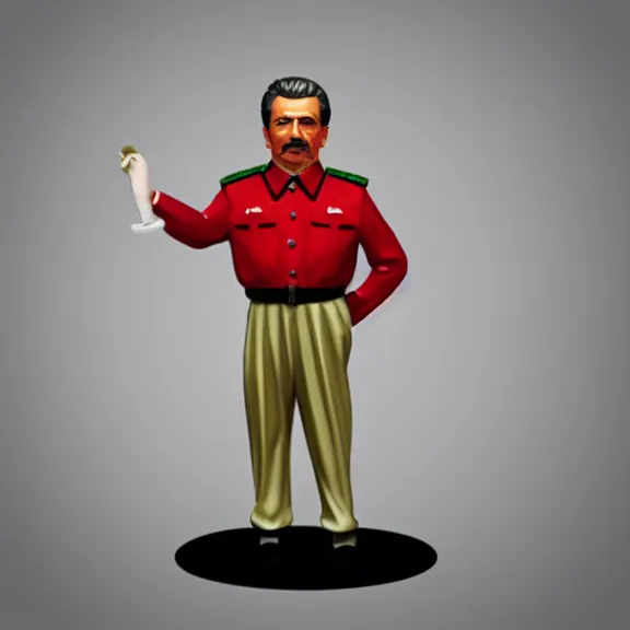 Prompt: small glitter plastic figurine of stalin, white background, full body portrait, 3d render