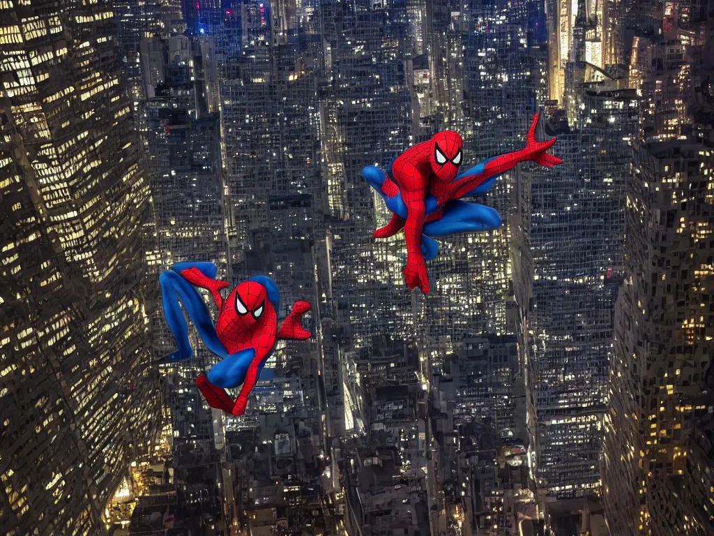 Image similar to spiderman standing on the top of a building at night by andreas roch