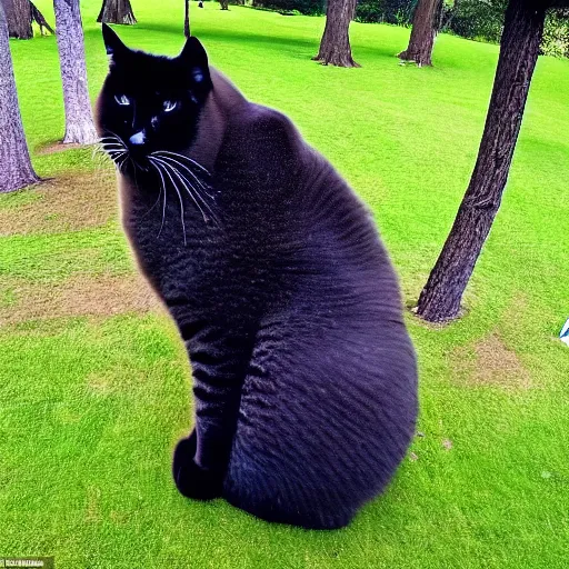 Prompt: ( enormously huge )! cat, larger than most trees with fur overwhelmingly ( very very fluffy! ) puffy fur, in a park, ( drone photo )