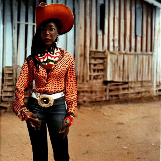 Image similar to kodachrome photograph of a stylish African-American female in a cowboy outfit, taken in 1996