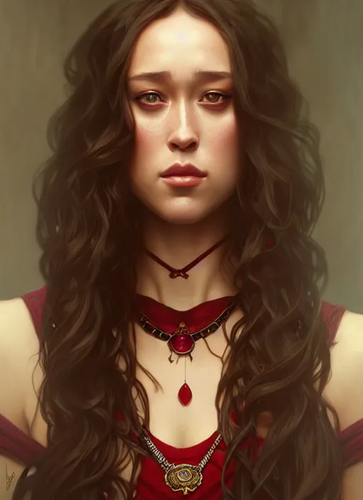 Image similar to portrait of alycia debnam - carey as a vampire lord, jewelry, greek, ruby, intricate, headshot, highly detailed, digital painting, artstation, concept art, sharp focus, cinematic lighting, illustration, art by artgerm and greg rutkowski, alphonse mucha, cgsociety