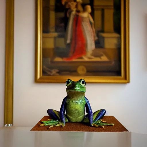 Prompt: a small frog standing on two feet at the hotel reception entry, renaissance painting