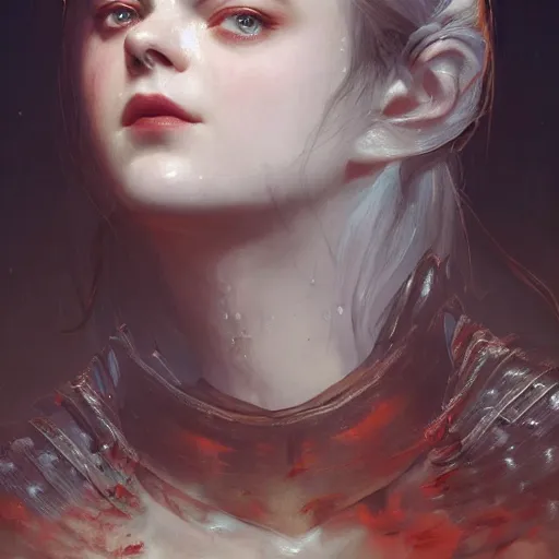 Image similar to head and shoulders portrait of modern darna, elle fanning in bloodborne, intricate, elegant, dark vibes, highly detailed, digital painting, artstation, glamor pose, concept art, smooth, sharp focus, illustration, art by wlop, mars ravelo and greg rutkowski