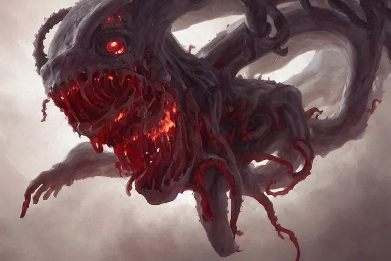 Image similar to painting by greg rutkowski of a flying crying human head and face that is chalk white in color, with tentacles coming of the neck, fiery red eyes, flying in a terrying hell like cavernous place