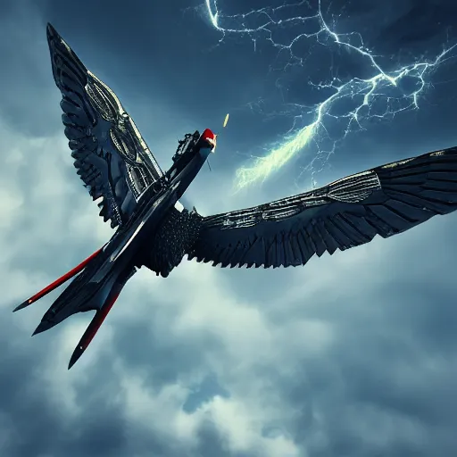 Image similar to flying falcon with cybernetic aerodynamic parts, close shot, storm sky, cinematic, render, digital art