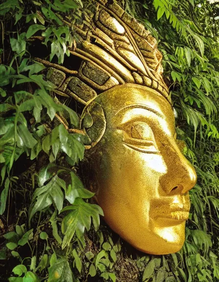 Prompt: vintage color photo of a 1 1 0 million years old mayan gold sculpture covered by the jungle vines