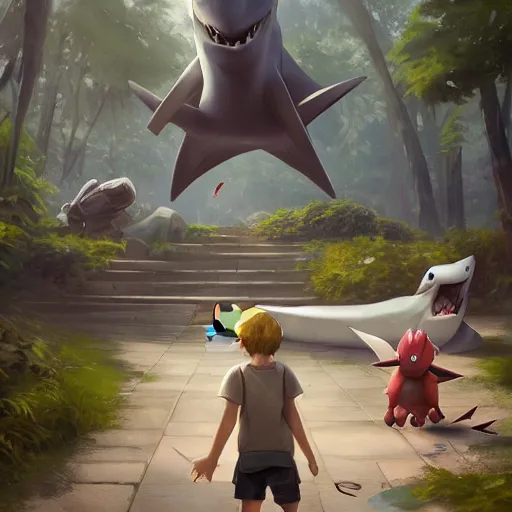 Prompt: pokemon 🦈, style game square enix life, trending on artstation, painted by greg rutkowski, render naughty dog, octane render, detailed