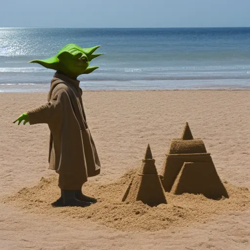 Image similar to Yoda building a sand castle on the beach