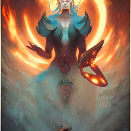Prompt: shogun breast emitting energy beam by peter mohrbacher