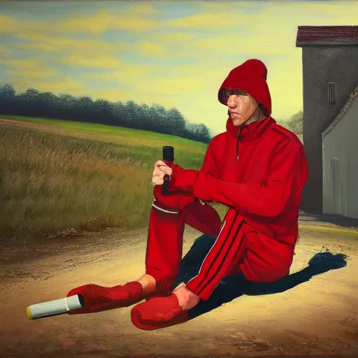 Image similar to a man in cheap and red used sportswear. he is smoking a cigarette. he is sitting on a dead dog. he is on the side of the road. he is wearing slippers. it is a rural scene, in poor village, dramatic lighting, hyper detailed, surreal, hyperrealism, oil painting