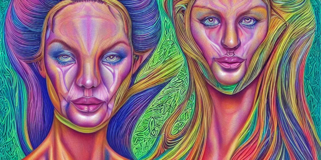 Prompt: a portrait of a beautiful woman the style of Alex Grey, realism, colorful,