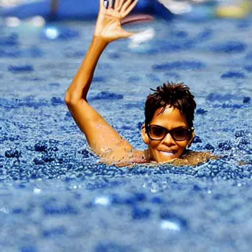 Prompt: halle berry swimming in a sea of blueberries