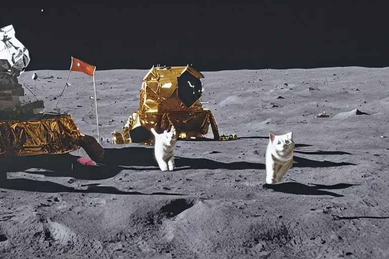 Prompt: 2 astronauts having a vacation in the moon with cats and dogs