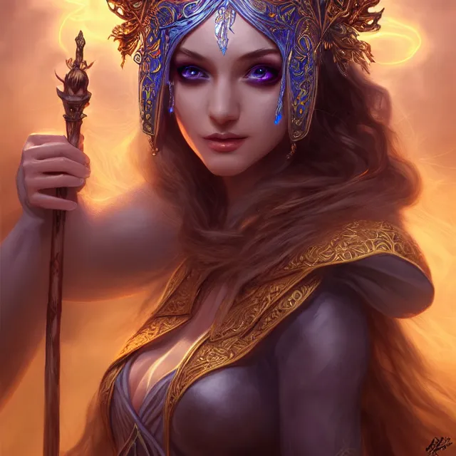 Image similar to beautiful elemental sky witch with ornate robes and staff, highly detailed, 4 k, hdr, smooth, sharp focus, high resolution, award - winning photo, artgerm, photorealistic